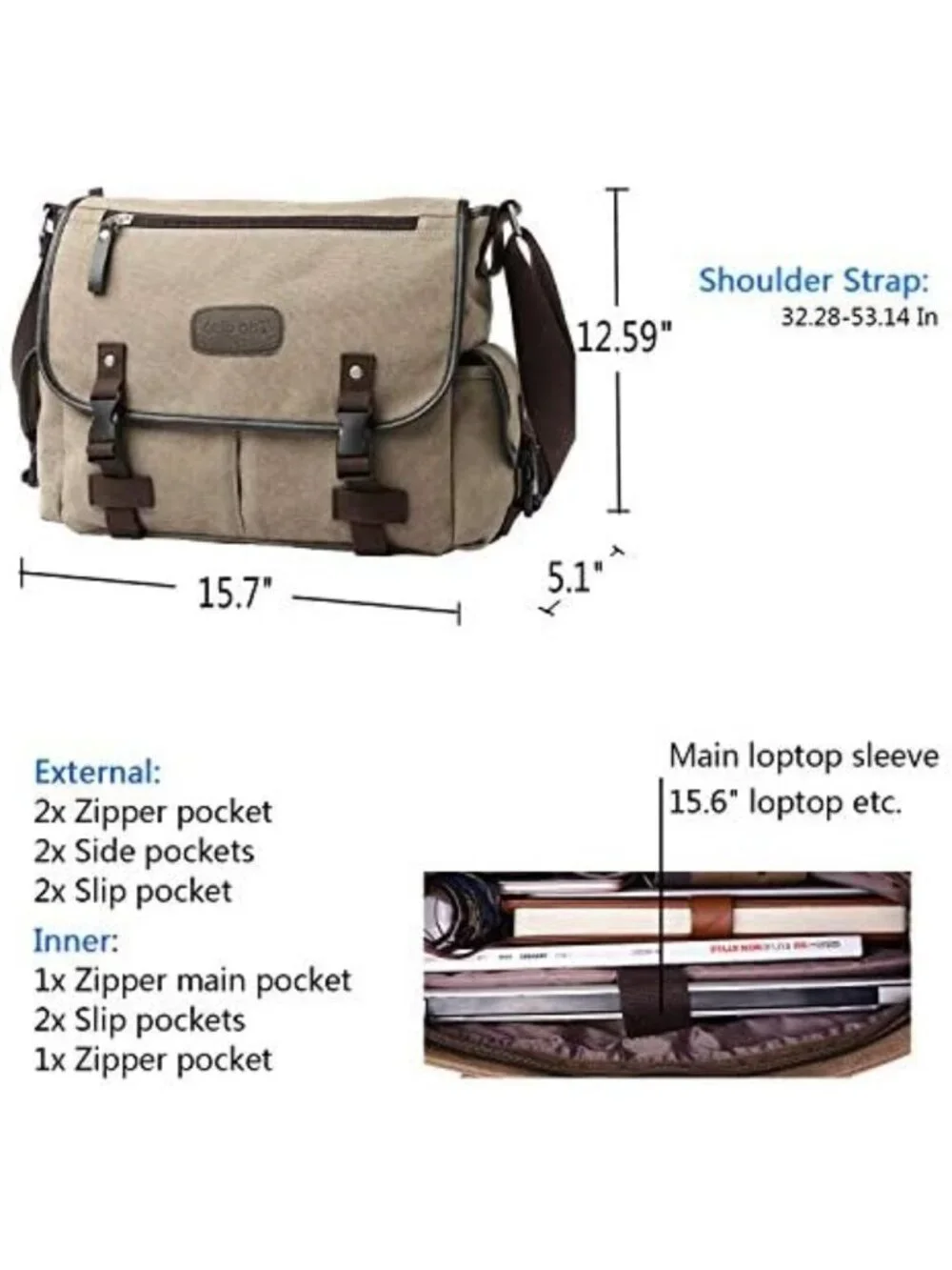 Vintage Canvas Messenger Bag for 13-17